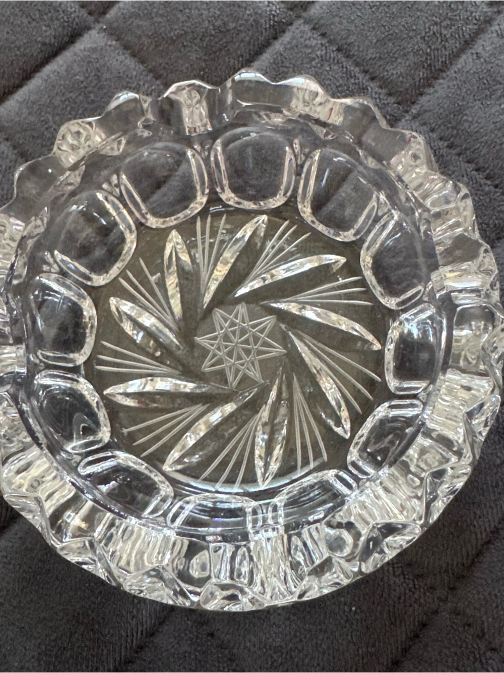 Vintage Heavy Cut Crystal Glass Ashtray 4.5" Pinwheel Hobstar Starburst  Scallop